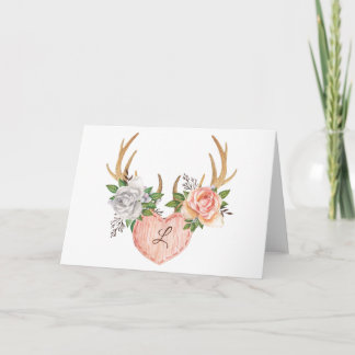 Monogrammed Floral Antler Notecard - Blank Inside
