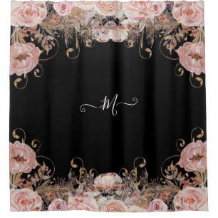 Monogrammed Floral Black Pink Watercolor Vintage Shower Curtain