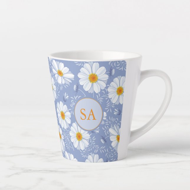 Monogrammed Floral Blue, Orange, White Latte Mug (Right)