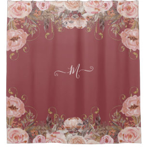 Monogrammed Floral Blush Pink Watercolor Vintage Shower Curtain