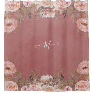 Monogrammed Floral Blush Rose Watercolor Vintage Shower Curtain