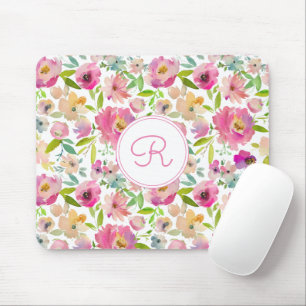Monogrammed Floral Boho Pastel Watercolor Mouse Mat