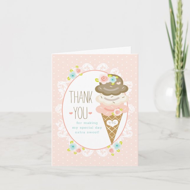 Monogrammed Floral Ice Cream Cone Shower Thank You (Front)