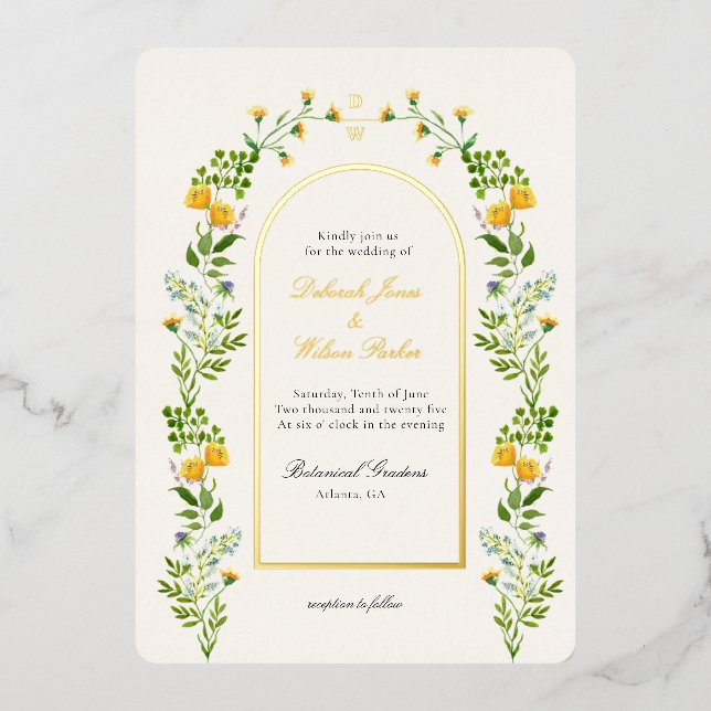 Monogrammed Floral in Arch frame  Foil Invitation (Front)