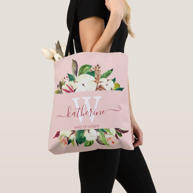 Monogrammed Floral Maid of Honour Tote Bag (Close Up)