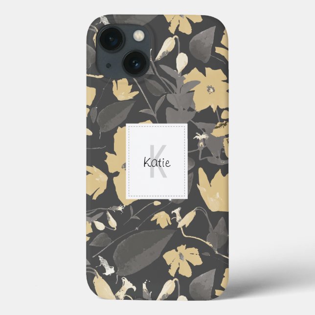 Monogrammed Floral Pattern Grey Yellow Case-Mate iPhone Case (Back)