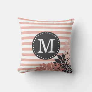 Monogrammed Floral Pink White Stripes Pattern Cushion