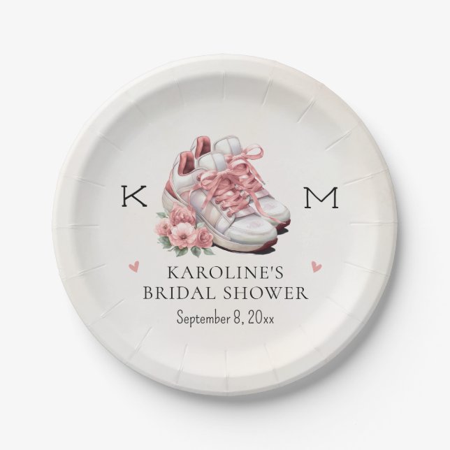 Monogrammed Floral Running Theme Bridal Shower Paper Plate (Front)