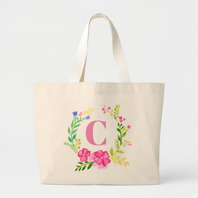 Monogrammed Floral Watercolor Tote Bag (Front)