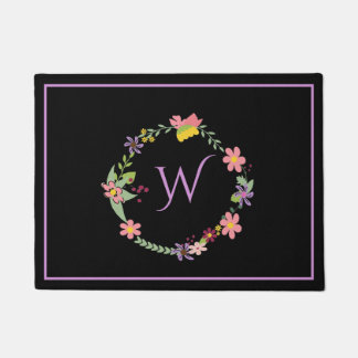 Monogrammed Floral Wreath Door Mat