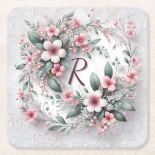 Monogrammed Floral Wreath On Lace Square Paper Coaster