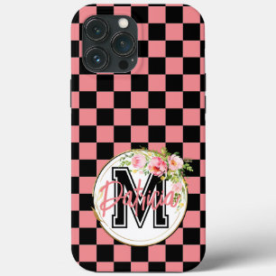 Monogrammed Flower black PINK Chequerboard iPhone 13 Pro Max Case