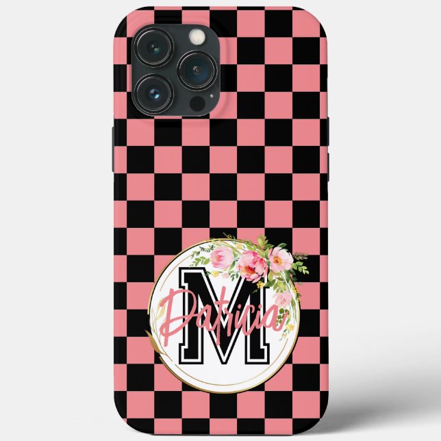Monogrammed Flower black PINK Chequerboard Case-Mate iPhone Case (Back)