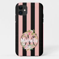 Monogrammed Flowers and black pink stripes pattern