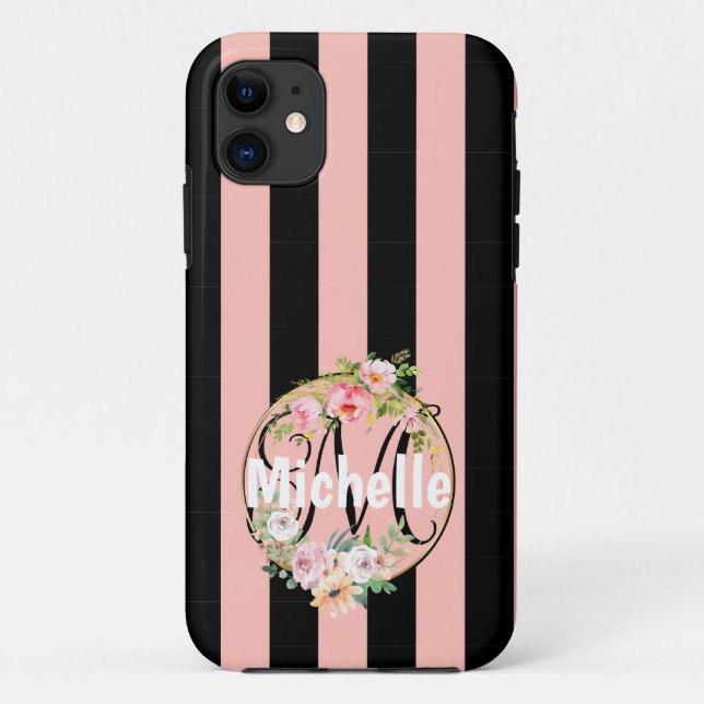 Monogrammed Flowers and black pink stripes pattern Case-Mate iPhone Case (Back)