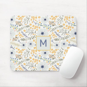 Monogrammed Flowers Yellow Blue Botanical Pattern Mouse Mat
