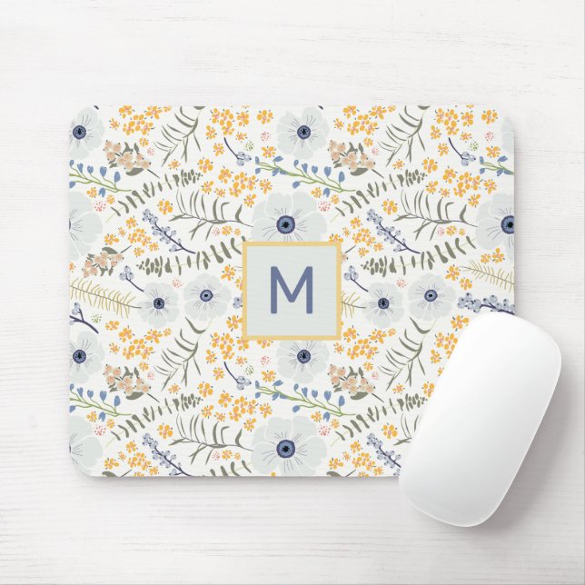 Monogrammed Flowers Yellow Blue Botanical Pattern Mouse Mat (With Mouse)