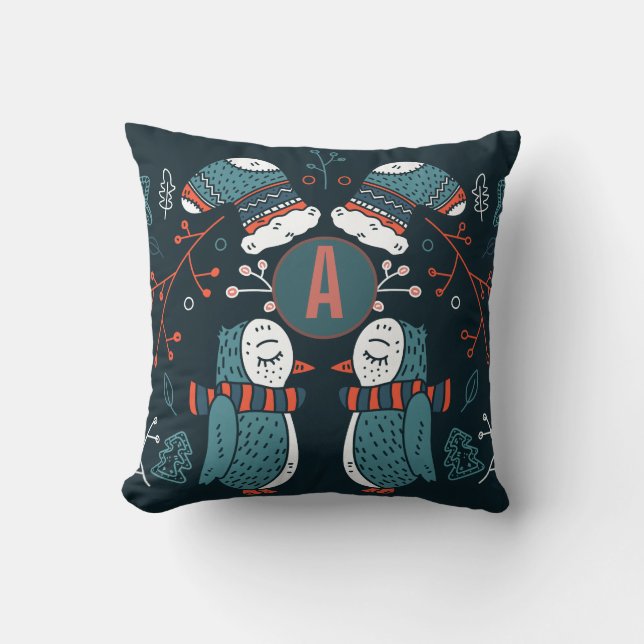 Monogrammed Folk Art Christmas Blue Red Owls Trees Cushion (Front)