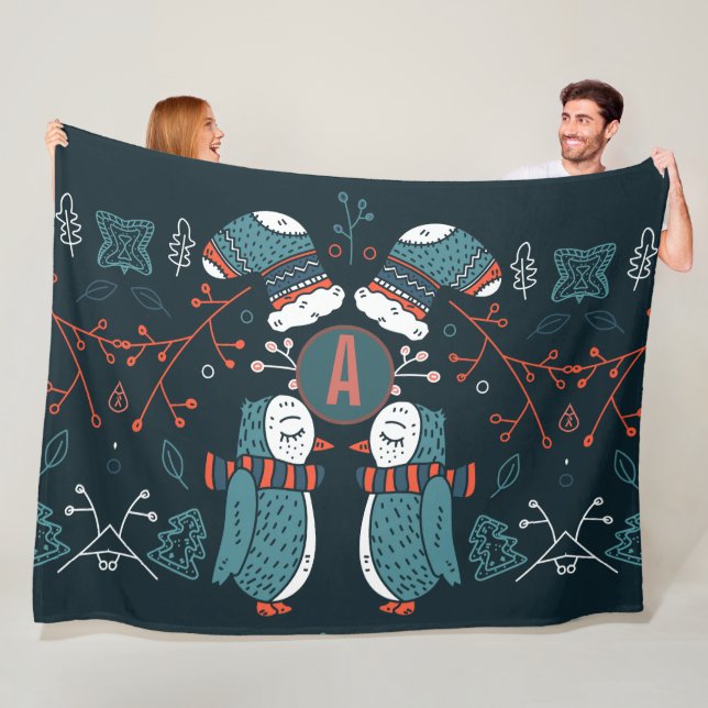 Monogrammed Folk Art Christmas Blue Red Owls Trees Fleece Blanket (In Situ)