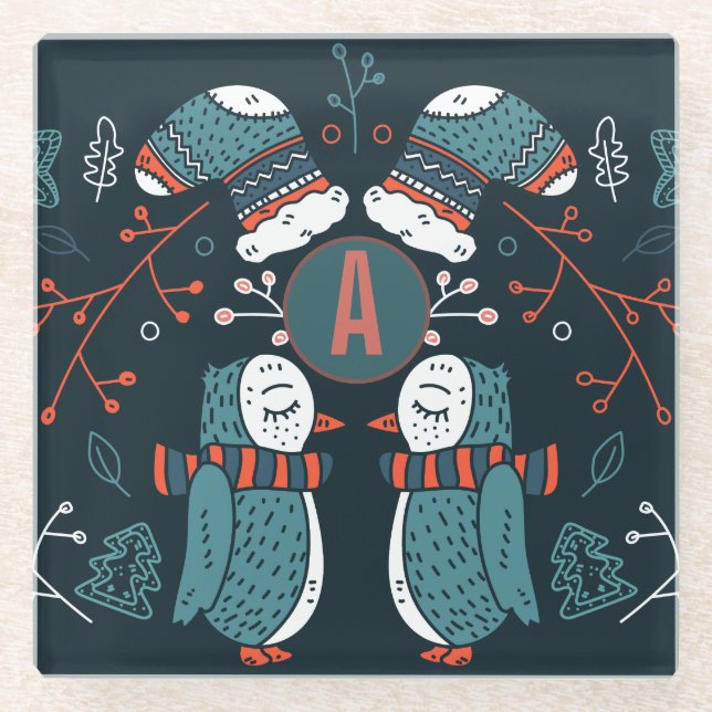 Monogrammed Folk Art Christmas Blue Red Owls Trees Glass Coaster (Front)