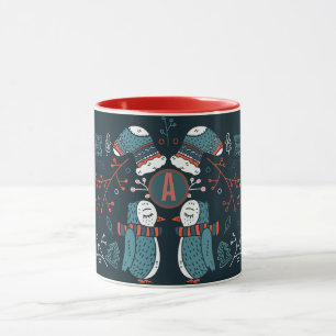 Monogrammed Folk Art Christmas Blue Red Owls Trees Mug