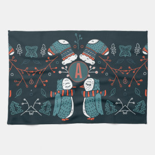 Monogrammed Folk Art Christmas Blue Red Owls Trees Tea Towel