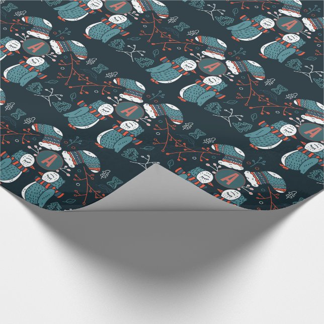 Monogrammed Folk Art Christmas Blue Red Owls Trees Wrapping Paper (Corner)