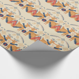 Monogrammed Folk Art Christmas Deer Trees Blue Red Wrapping Paper