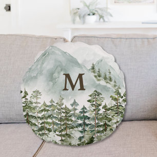 Monogrammed Forest and Mountain Nature Round Cushion