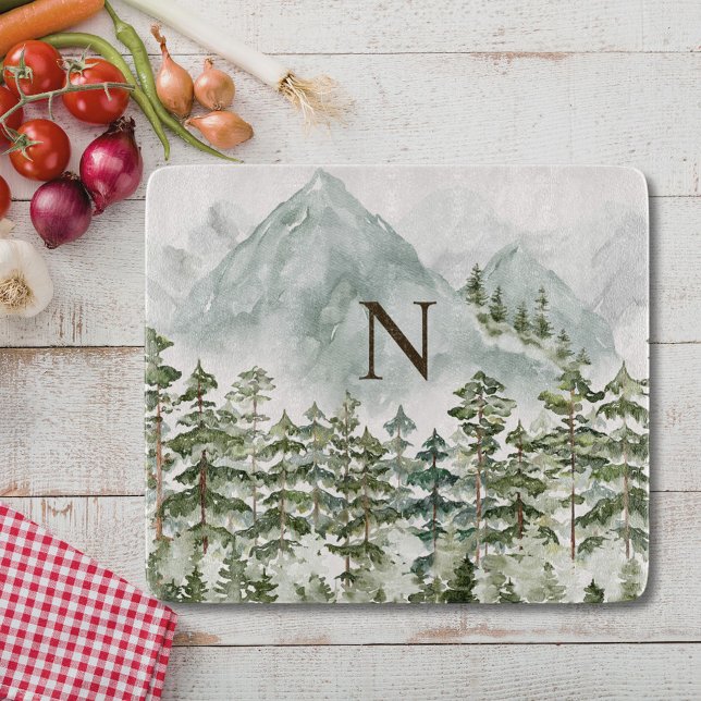 Monogrammed Forest and Mountain Nature Watercolor Cutting Board (In situ)