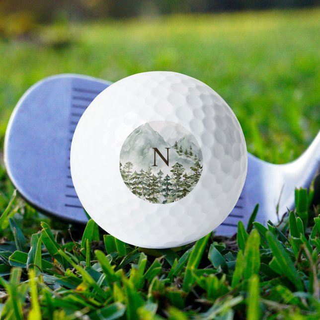 Monogrammed Forest and Mountain Nature Watercolor Golf Balls (In situ)