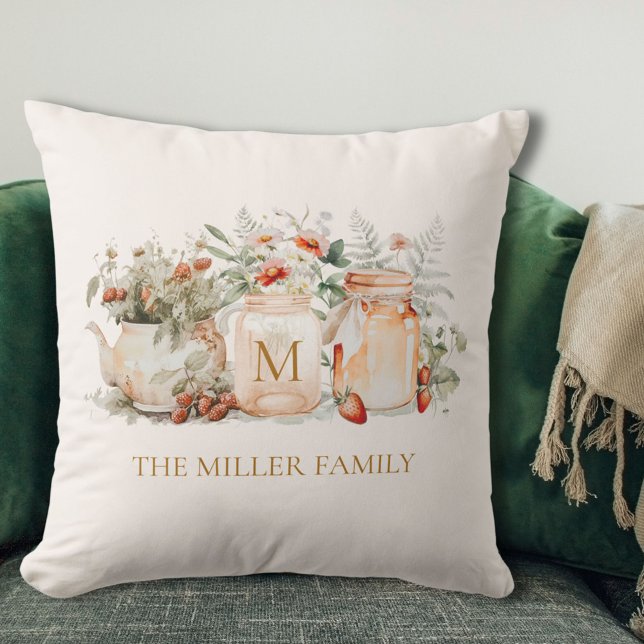 Monogrammed Forest Floral Botanical Family Name Cushion (In situ)