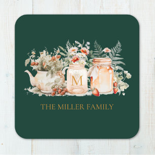 Monogrammed Forest Floral Botanical Family Name Square Paper Coaster