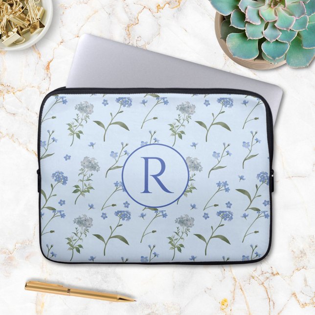 Monogrammed Forget Me Not Blue Floral Watercolor  Laptop Sleeve (In situ)
