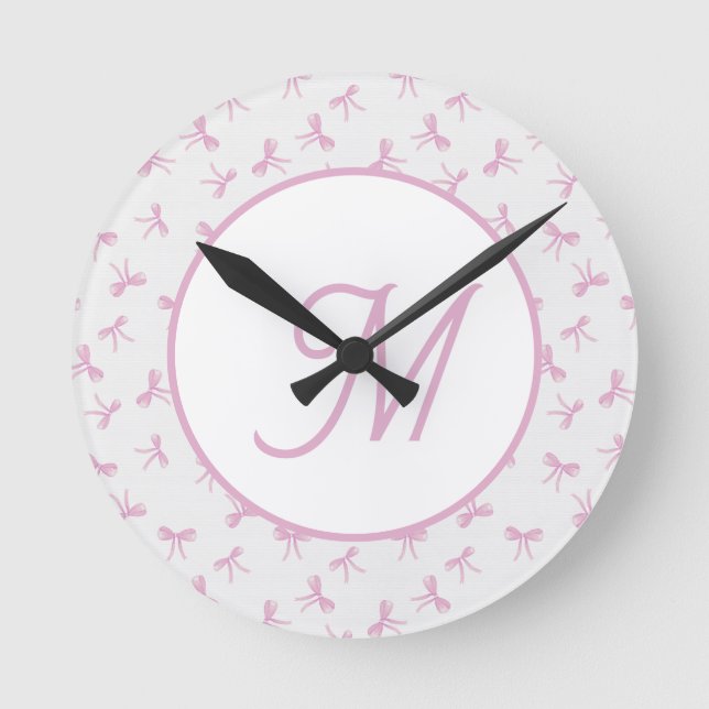 Monogrammed Frilly Coquette Pink watercolor Bow  Round Clock (Front)