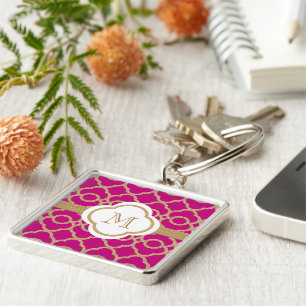 Monogrammed Fuchsia Pink Gold Moroccan Key Ring