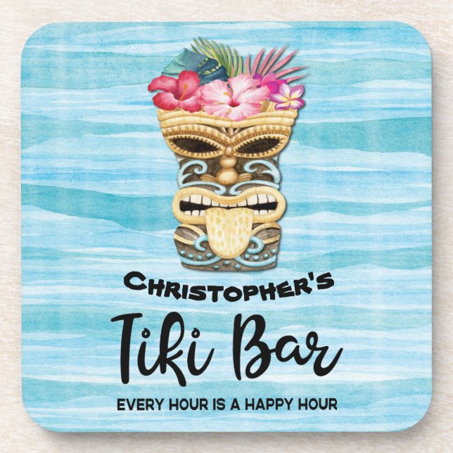 Monogrammed Funny Beach Tiki Bar Party Coaster (Front)