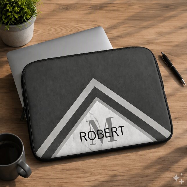 Monogrammed Geometric Chevron Black Silver Marble Laptop Sleeve (Creator Uploaded)