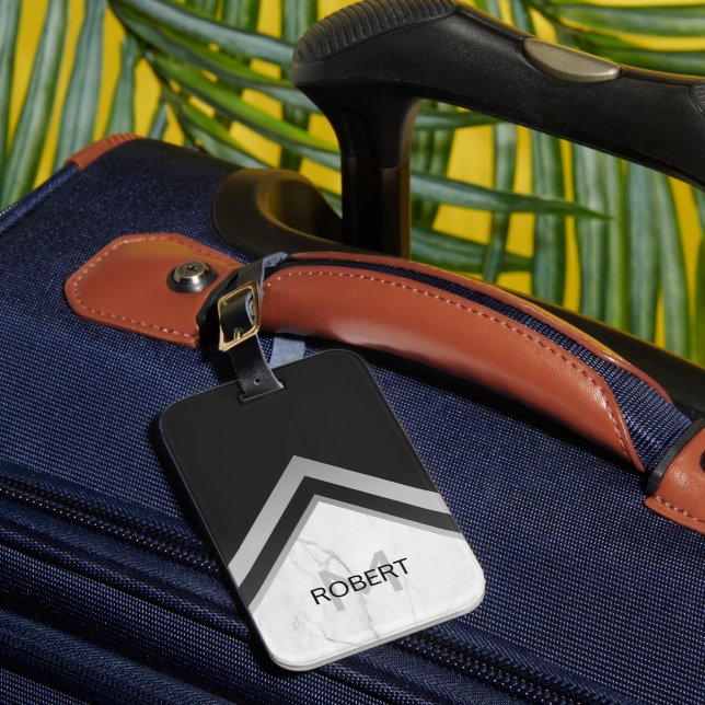 Monogrammed Geometric Chevron Black Silver Marble Luggage Tag (Front Insitu 1)