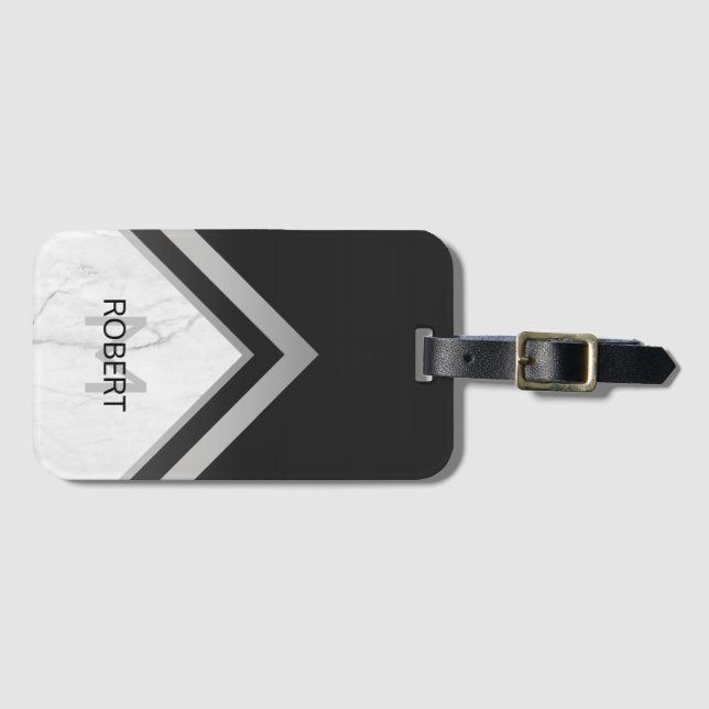 Monogrammed Geometric Chevron Black Silver Marble Luggage Tag (Front Horizontal)