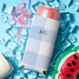 Monogrammed Gingham Check Blue Seltzer Can Cooler