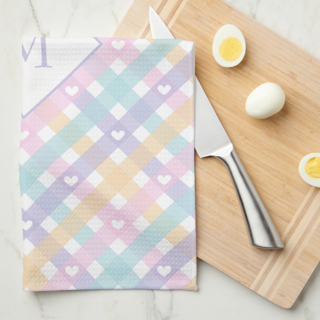 Monogrammed Gingham Plaids Hearts Tea Towel (Quarter Fold)