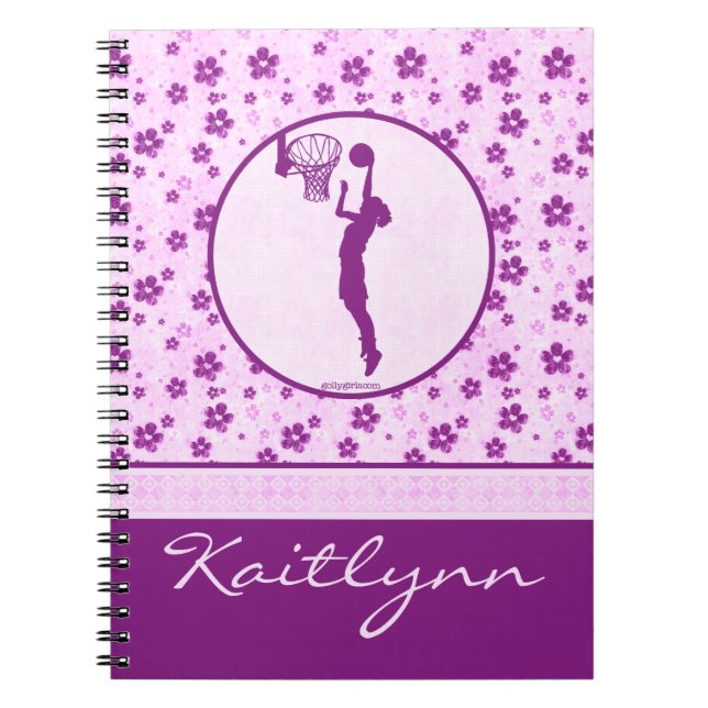 Monogrammed Girl's Basketball Purple Heart Floral Notebook (Front)