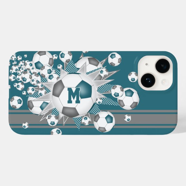 monogrammed girls soccer balls stars teal grey Case-Mate iPhone case (Back (Horizontal))