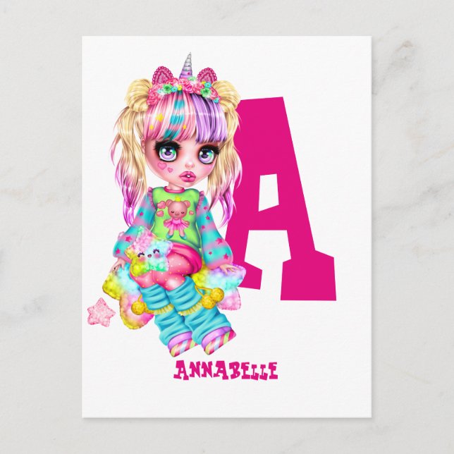 Monogrammed Girls Unicorn Cute Pretty Personalised Postcard (Front)