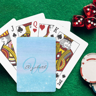 Monogrammed Girly Aqua Blue Ombre Shimmer Playing Cards