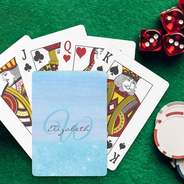 Monogrammed Girly Aqua Blue Ombre Shimmer Playing Cards (Creator Uploaded)