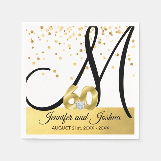 Monogrammed Gold 60th Wedding Anniversary Napkins (Front)