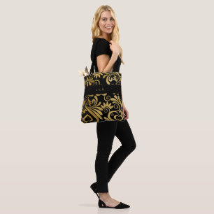 Monogrammed Gold and Black Elegant Swirls Tote Bag