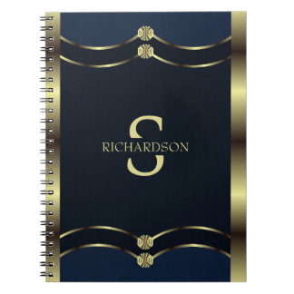 Monogrammed Gold And Navy Blue Geometric Notebook